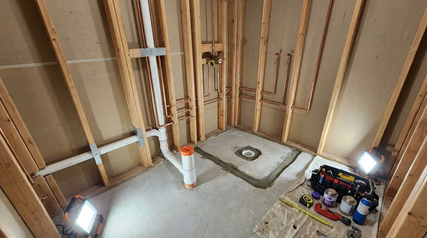 Bathroom rough-in plumbing during remodel by Johns Plumbing LLC in Keenesburg