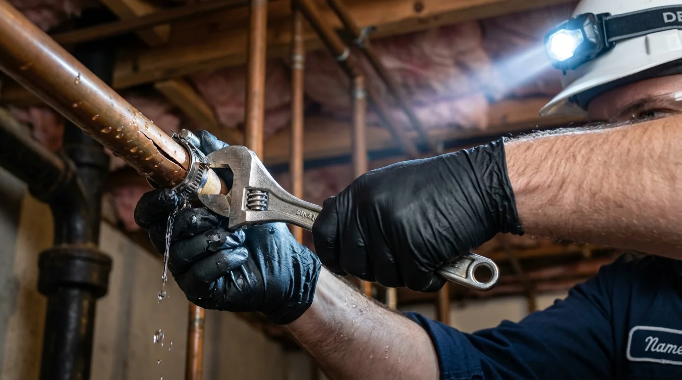 Emergency pipe clamp repair being performed by a Johns Plumbing LLC plumber in Keenesburg