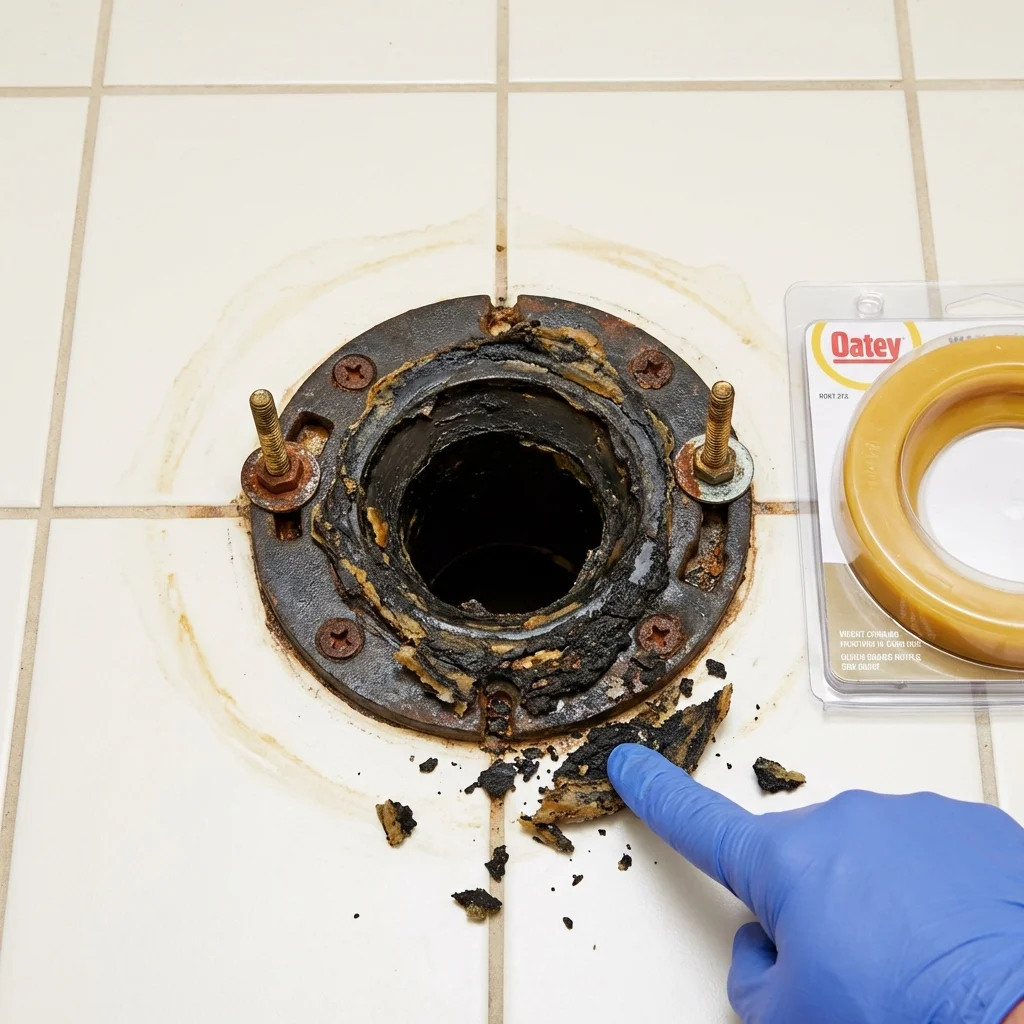 Failed wax ring showing water seepage at the base of a toilet in a Keenesburg, CO home