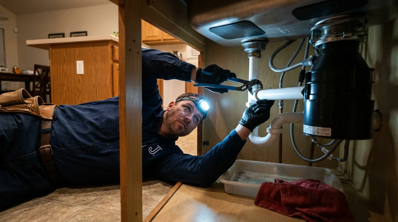 P-trap and supply line connections under a kitchen sink showing a common leak point in Keenesburg, CO